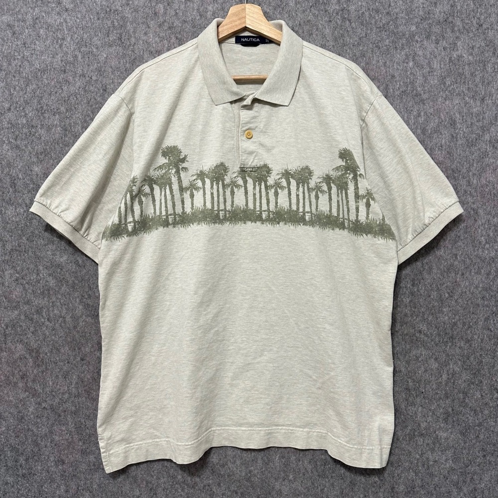 Nautica Mens XL Beige Palm Tree Print Short Sleeve Polo Shirt Golf Casual
